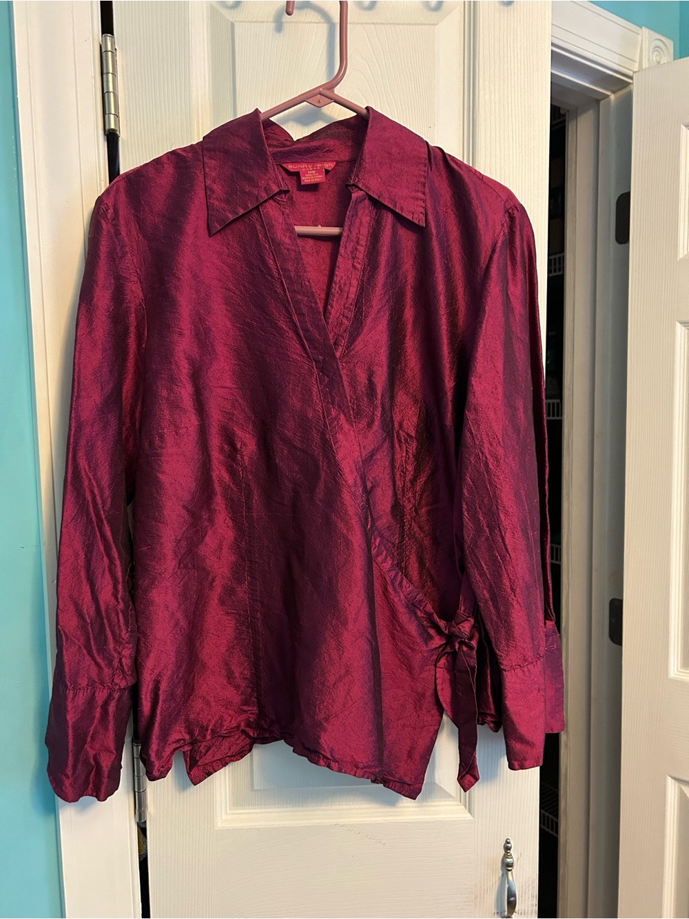 Sunny Leigh Wrap-Style Satin Blouse in Plum